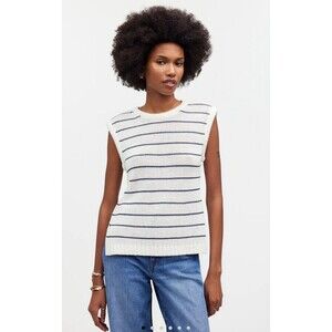 Madewell Puff-Trim Sweater Vest in Stripe Bright Ivory Nwt Size M Linen blend